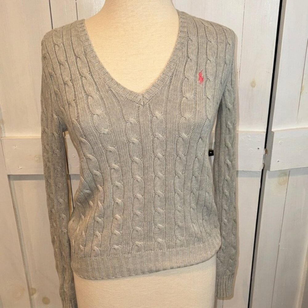 Ralph Lauren Sport Vintage Grey V Neck Cable Knit Sweater